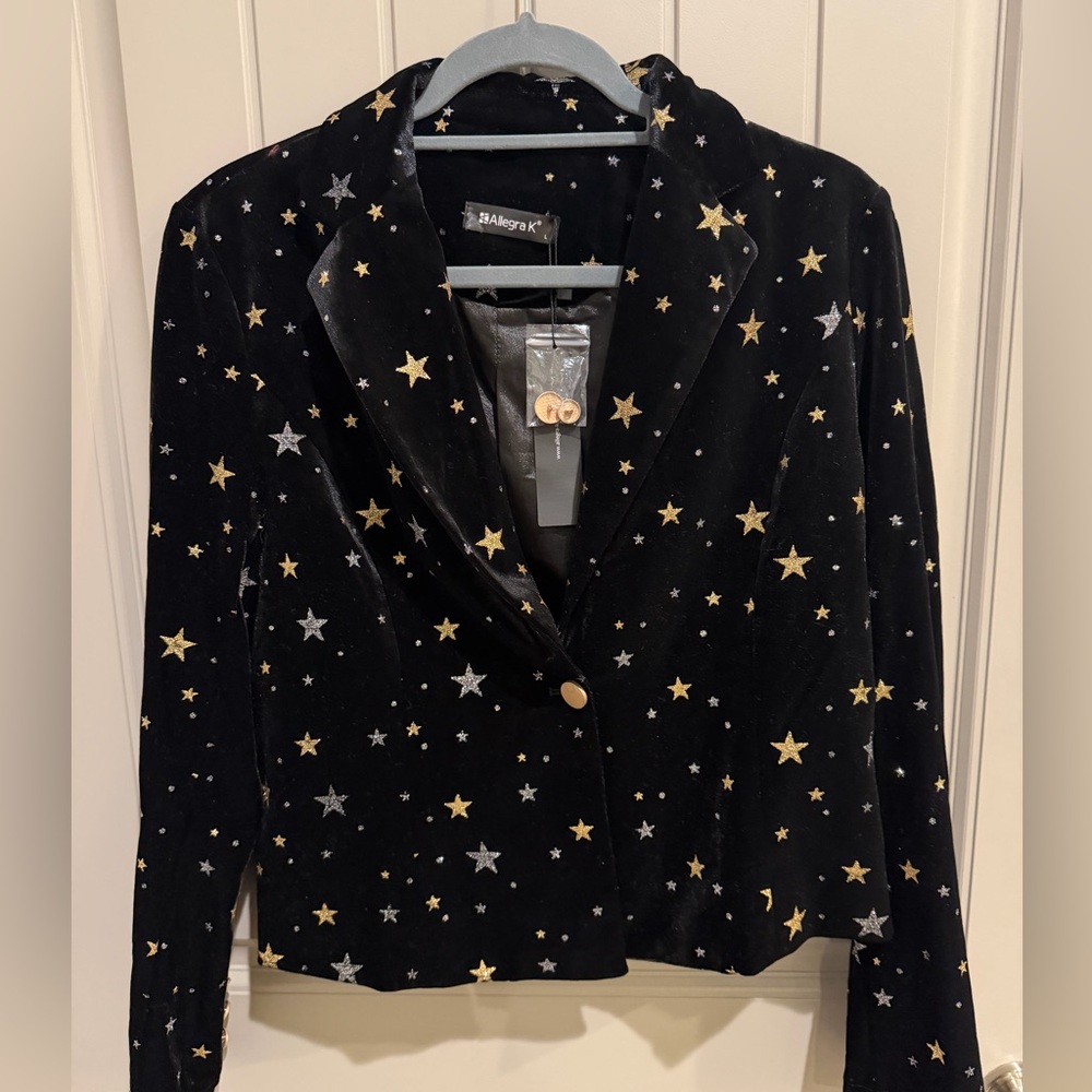 Allegra K black velvet Women's jacket Metallic stars L